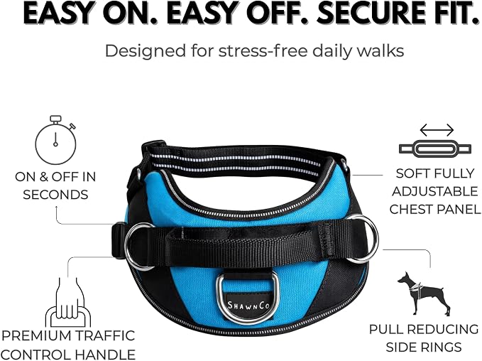 ShawnCo Essential Dog Harness, No-Pull Pet Vest (Electric Blue,S) | 3 Leash Clips, Easy On, No-Choke, Reflective, Adjustable Fit, Padded Comfort, Control Handle, For Small, Medium & Large Dogs