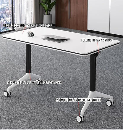 JQUZPCV Conference Table Foldable Meeting Tables, Mobile Training Table with Wheels, Flip Top Rolling Seminar Meeting Table for Office,Meeting Room,classr (White, 63×23.6×29.5in)
