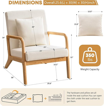 ELUCHANG Mid-Century Modern Accent Chair with Lumbar Pillow, Linen Fabric Comfy Lounge Side Upholstered Reading Armchair for Living Room Bedroom Apartment,Easy Assembly(Beige,2pcs)