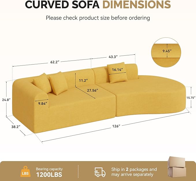 128" Oversized Modern Curved Sofa,Boneless Cloud Sectional Couch with Deep Seat,No Assembly Required Chenille Couches for Living Room,Yellow,1 PCS