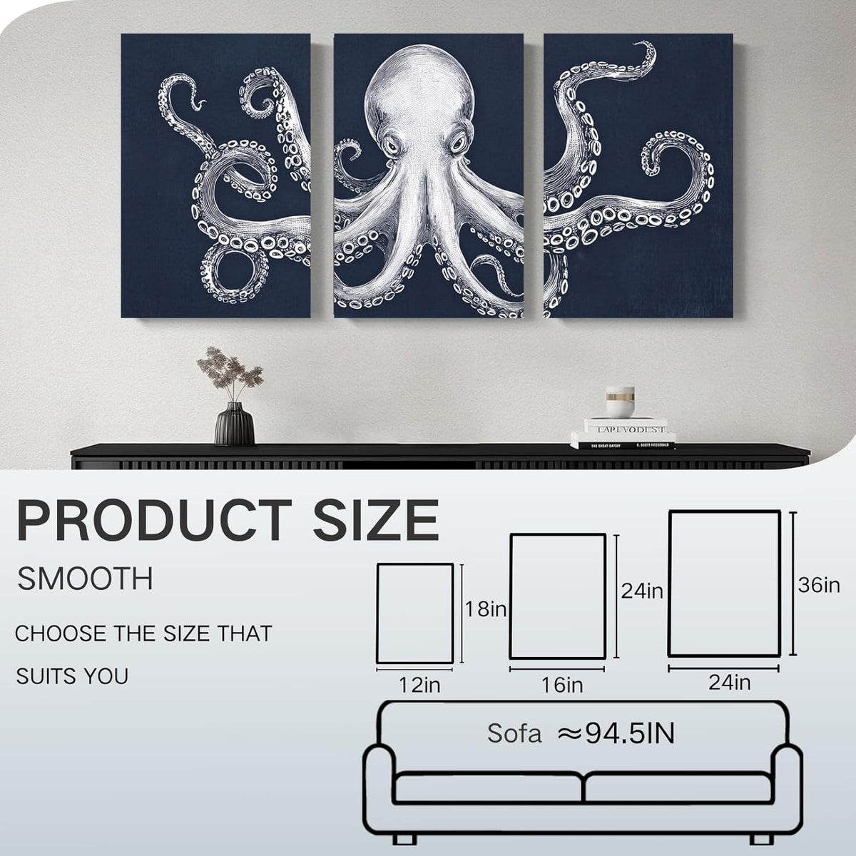 Octopus Wall Decor, Octopus Canvas Wall Art, Ocean Wall Decor,Sea Animal Canvas to Paint for Bathroom, Living Room, Bedroom (12" x 18" x 3 pcs)