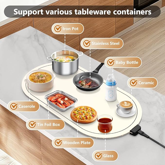 Warming Mat for Food with Adjustable Temperature Timer, 10S Fast Heating