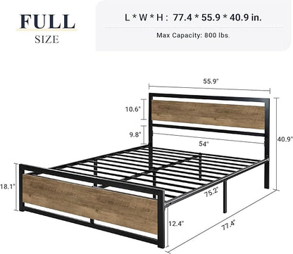 Allewie Full Bed Frame with Headboard, Heavy Duty Metal Platform Base with Strong Support, Underneath Storage Space, Stable Mattress Foundation, No Box Spring Needed, Brown