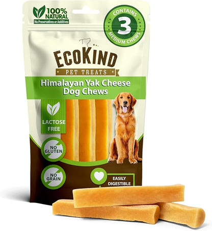 EcoKind Pet Treats Gold Himalayan Yak Cheese Dog Chew, Yak Dog Treats for Active Chewers, 100% Natural & Healthy Chew Sticks for Small & Large Dogs, Yak Cheese Chews (3 Medium Sticks)