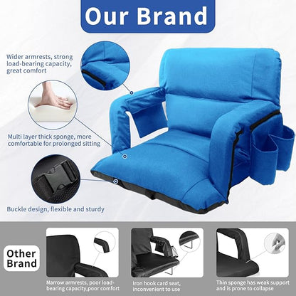 Stadium Seats with Back Support,Wide Stadium Chairs with Back and Cushion, Sofa Style Stadium Seats, 6 Reclining Positions, Extra Thick Bleacher Seat for Sports Events (Blue-1 Pack,Wide |22.5")