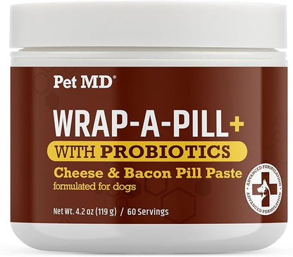 Pet MD Wrap-A-Pill with Dog Probiotics - Pill Wrap for Dogs Medicine - Easy-to-Use Paste to Hide Capsules, Create Pockets and Treats for Dogs - Cheese & Bacon (4.2oz)