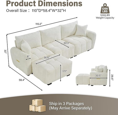 110" L Shaped Modern Boucle Sofa Modular Sectional Cloud Couch with Ottoman, Tufted 4-Seat Deep Seat Sofa with Pillows for Living Room, Bedroom and Apartment, Beige White