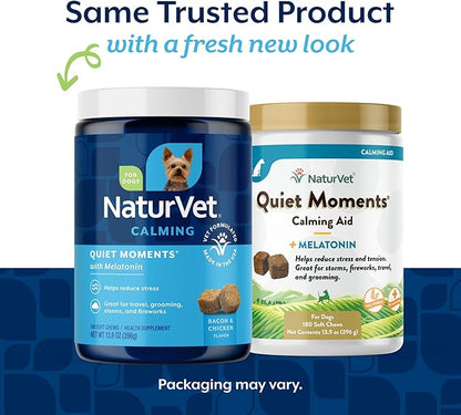 NaturVet Quiet Moments Calming Dog Supplement, Dog Soft Chews with Melatonin to Help Reduce Stress from Storms, the Vet, Fireworks, and Travel, Bacon and Chicken Flavored Pet Supplement, 180 Count Jar