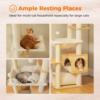 PEQULTI Floor to Ceiling Cat Tree 93.3’’-100.8’’ Height Adjustable Wooden Cat Tower Tall Climbing Play House with Scratching Posts, Cozy Condo, Perches and Large Hammock for Indoor Cats Beige