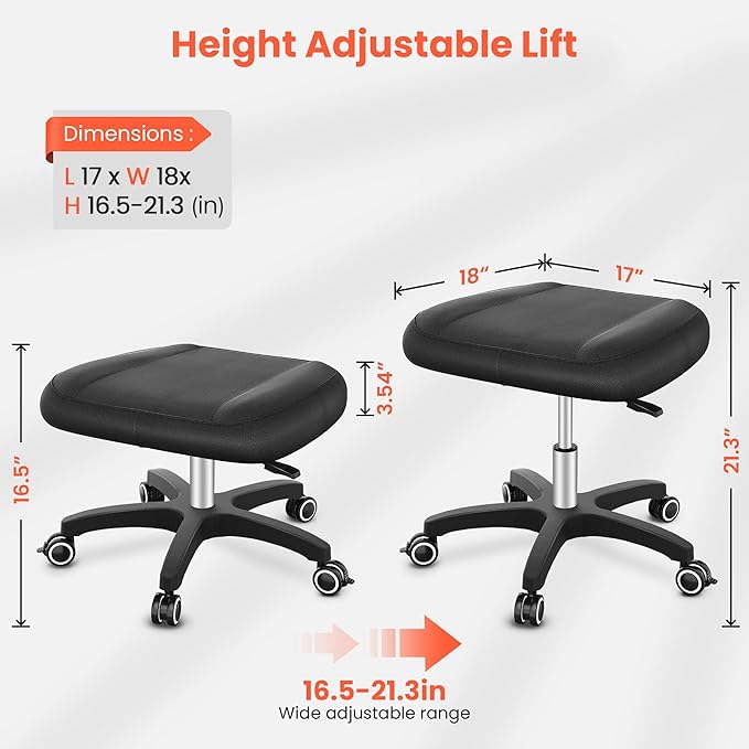 TASALON Multi-Use Footrest Stool Adjustable Height with 360° Rolling Lockable Wheels,Rest Ottoman,Office Footrests,Video Game Stool for Gaming for Home Office- Black