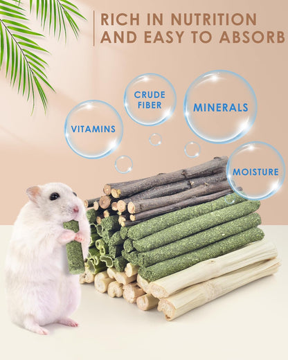 Bissap 60 PCS Rabbit Chew Sticks, Sweet Bamboo Timothy Hay Chew Stick Papaya Stems Apple Branch Bunny Chews for Rabbit Hamster Chinchilla Guinea Pig Small Pet Natural Molar Treats