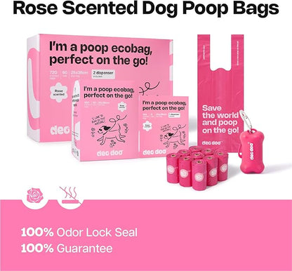 Dog Poop Bags with Handles 60 Rolls 720 Counts Big Sizes Leak Proof and Extra Thick Waste Bags Refill Rolls for Walking Small Medium Large Dogs Cats Litter With 2 Dispensers Rose Scented