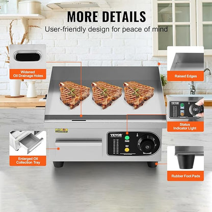 VEVOR Commercial Electric Griddle, 1700W Countertop Flat Top Grill, 14in
