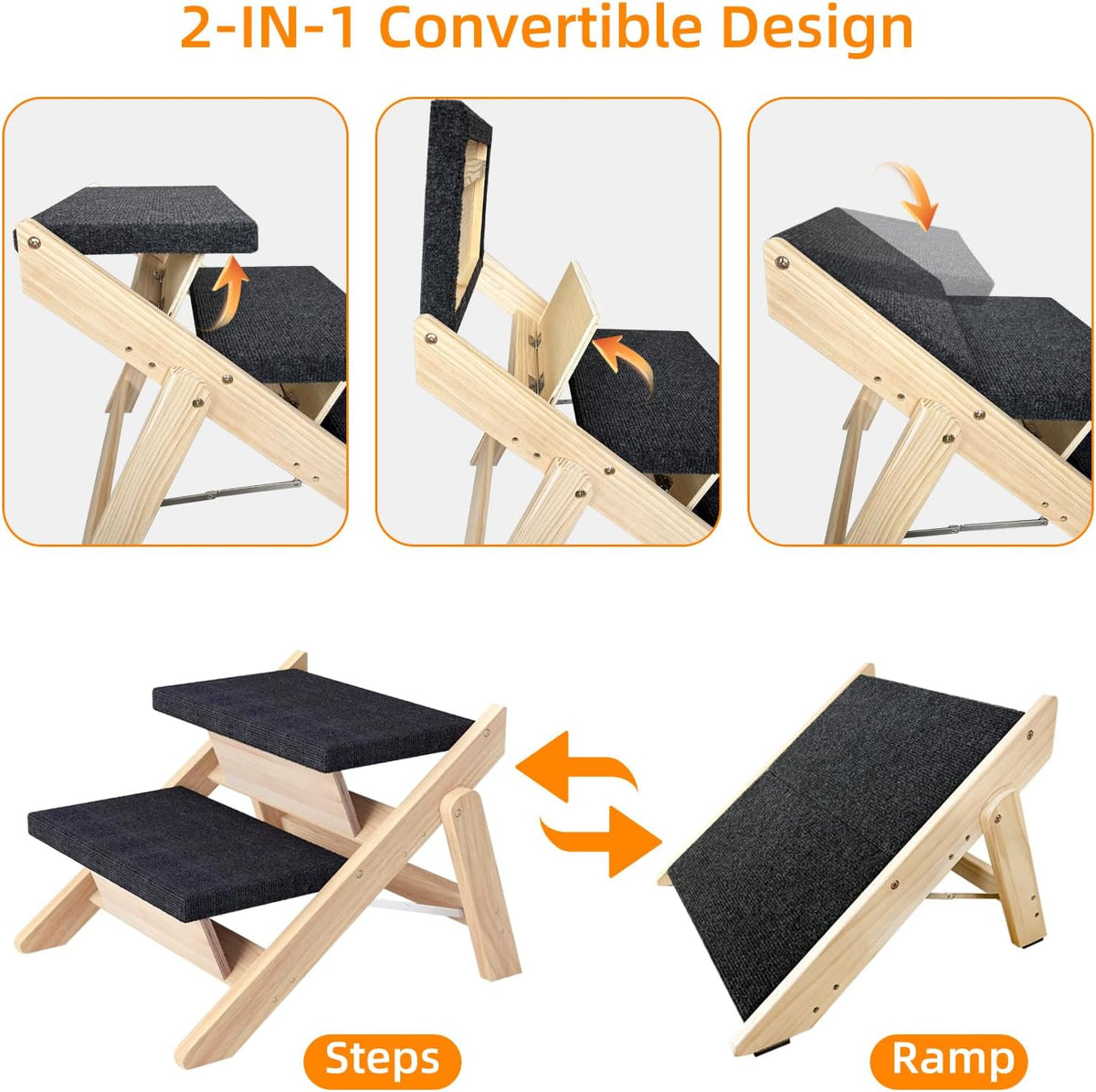 Dog Stairs/Ramp for Bed, Wooden Convertible Pet Steps, Portable Dog Ladder Up to 180 Pound for Elderly/Short-Legged Dogs, 2 Steps for Beds, Couch, Cars