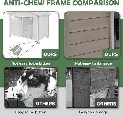 30''L Dog House Outdoor Indoor, Wooden Dog Houses with Waterproof Roof, Door Curtain, Anti-Chewing Frame, Elevated Doghouse Shelter Bed Kennel with Window, Removable Floor