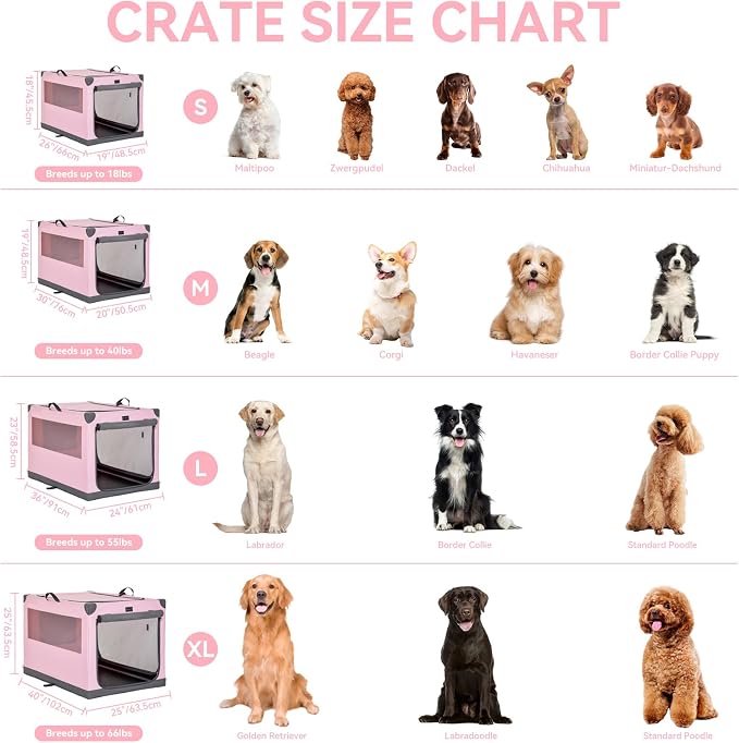 PETSFIT 30" Soft Portable Dog Crate – Patented Spiral Sturdy Frame, Collapsible Travel Kennel for Medium Dogs, 3 Mesh Door, Lockable Zippers, Indoor & Car Use Pink