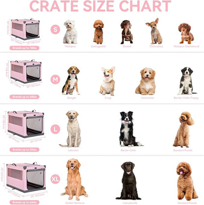 PETSFIT 36" Soft Portable Dog Crate – Patented Spiral Sturdy Frame, Collapsible Travel Kennel for Medium & Large Dogs, 3 Mesh Door, Lockable Zippers, Indoor & Car Use Pink