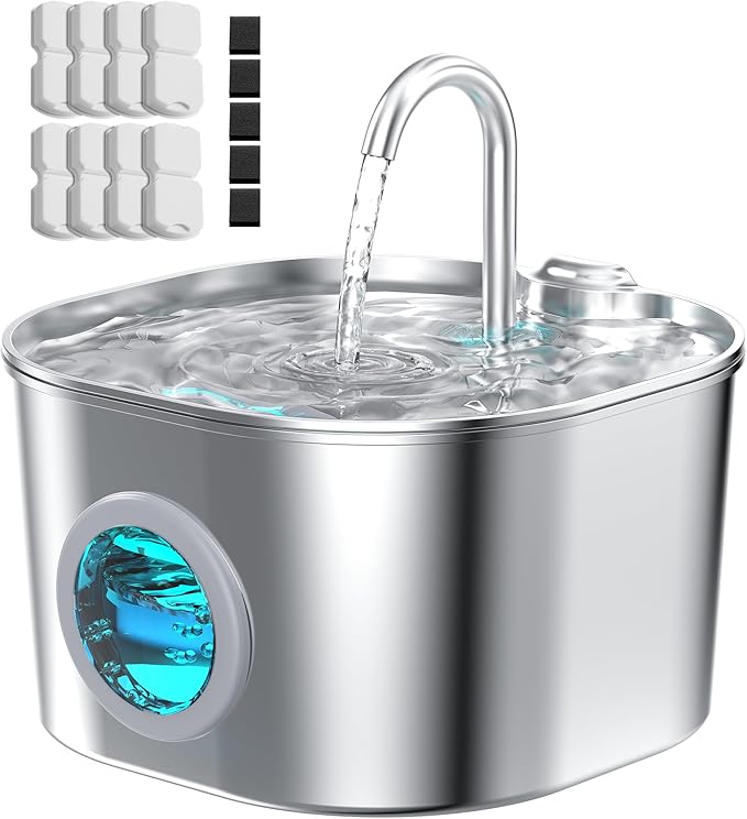Cat Water Fountain with 8 Filters + 5 Sponges,Small Pet Waterer Dispenser Fountains for Drinking Cats Indoor Metal Automatic Waterer Bowl 24/7 Running Auto Kitty Watering Supplies Quiet Pump