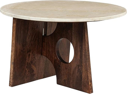 TUP THE URBAN PORT Kali Coffee Table | 27" Natural Round Marble Tabletop | Dark Brown Mango Wood Sculptural Base