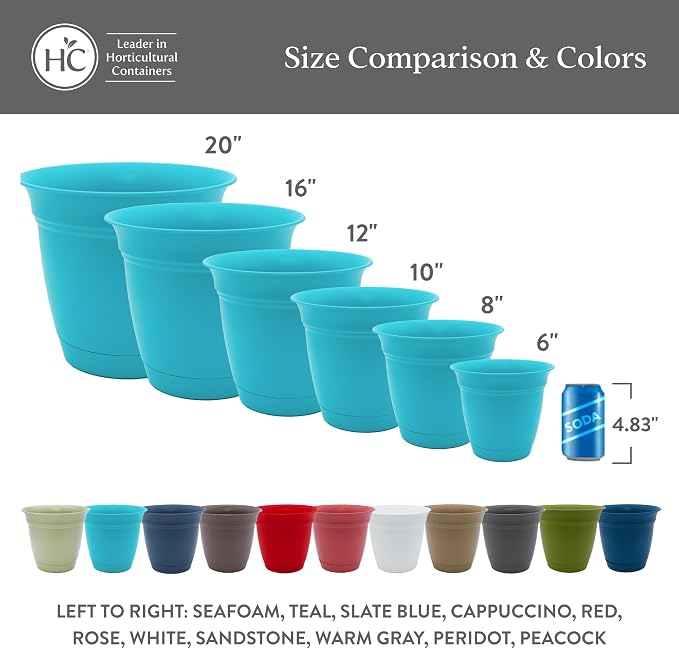 The HC Companies 8 Inch Eclipse Round Planter Pots with Drainage Holes & Attached Saucer, Lightweight UV-Resistant Plastic Indoor & Outdoor Planters, 6-Pack Flower Pots for Garden & Home Decor, Rose