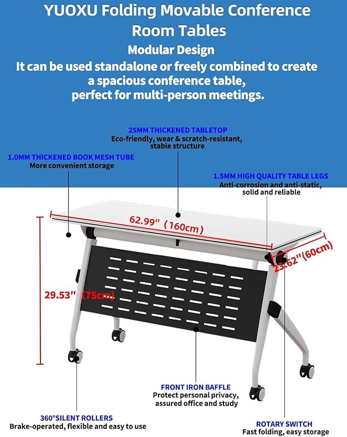 YUOXU Conference Room Table,Folding Conference Table,Flip Top Mobile Desk with Locking Silent Casters-Space Saving Rolling Table for Training Room, Office, Classroom (10, 62.99 * 23.62 * 29.53")