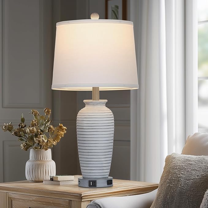 25" Vintage Farmhouse Jar Table Lamps, Single Rustic Bedside Lamp with USB A+C Ports & AC Outlet, Nightstand Lamps for Living Room, Bedroom, End Table, Grey White(LED Bulb Included)