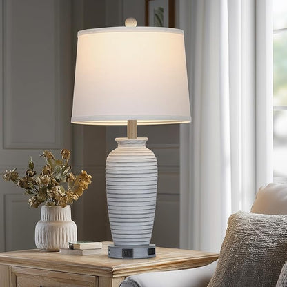 25" Vintage Farmhouse Jar Table Lamps, Single Rustic Bedside Lamp with USB A+C Ports & AC Outlet, Nightstand Lamps for Living Room, Bedroom, End Table, Grey White(LED Bulb Included)