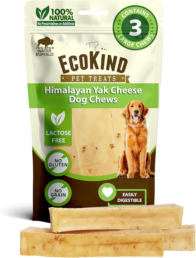 EcoKind Premium Gold Yak Cheese Himalayan Dog Chews, Healthy Dog Treats for Large Dogs, All Natural, High Protein Dog Chew, Water Buffalo, Large - 3 Chews