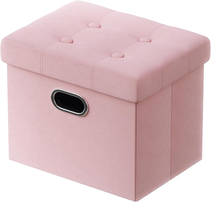 PRANDOM Ottoman with Storage [1-Pack] Velvet Folding Small Square Foot Stool with Lid for Living Room Bedroom Coffee Table Dorm Pink 17x13x13 inches