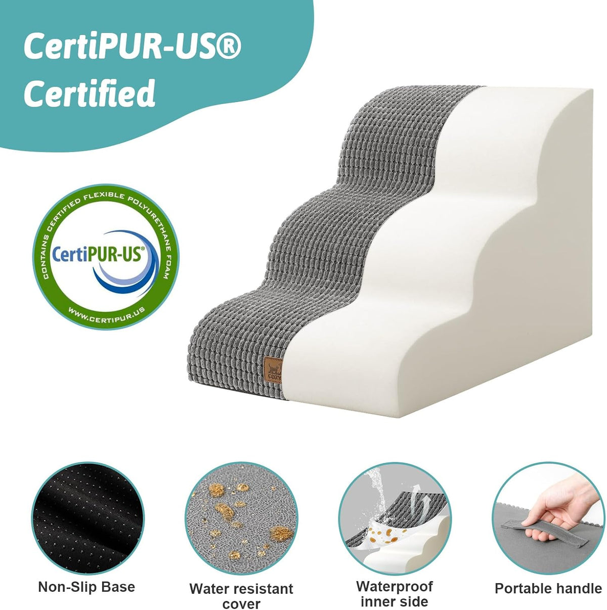 Dog Stairs for Small Dogs 15.7" H, Curved Dog Step for Puppy, Older Cat, Medium Pet Ramp for Sofa, Couch or Chair, Ladder with High Density Foam, 15.7x22.4x15.7 inch, 3 Step, Light Grey