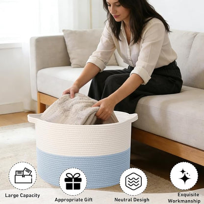 115L Large Blanket Basket,23.6" L x 23.6" W x 15.7" H Rope Woven Baskets with Handles, Toys Storage Bins,Laundry Basket Perfect for Living Room, Nursery,Bedroom,Home Organization,White&Blue