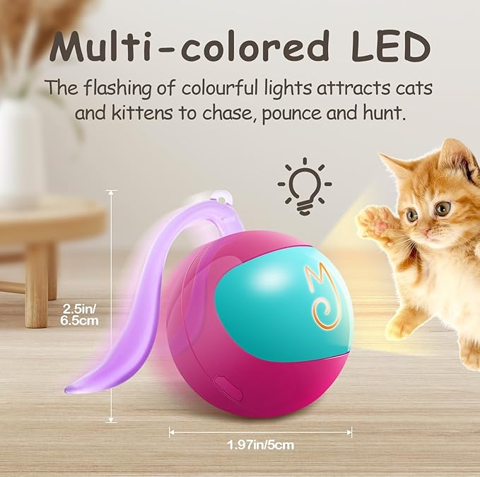 Migipaws Interactive Cat Ball Toy Set, Fun Tracker, Automatic Rolling Chase Ball with Fluffy Tail, A Small Mice, Rechargeable (Rose)