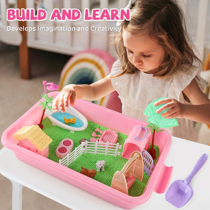 21 PCS Pet Sensory Bin, Dog & Cat Sandbox with Sand & Box, Play Sand Art Toys Kit, Pet Care Play Set, Beach Toys for Kids Ages 4-8, Birthday Gift Girls Boys 3 4 5 6 7 Years Old