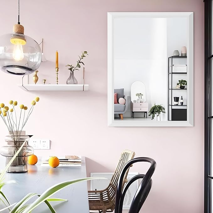 Amorho Bathroom Mirror, 28x36 Inch White Thick Metal Framed Wall Mirrors