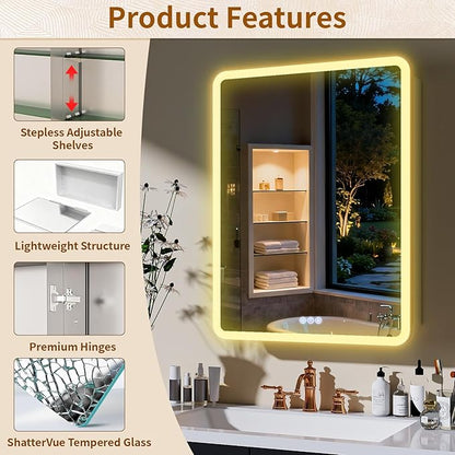BEAUTYPEAK 24 x 32 LED Bathroom Medicine Cabinet Mirror, Adjustable Shelves