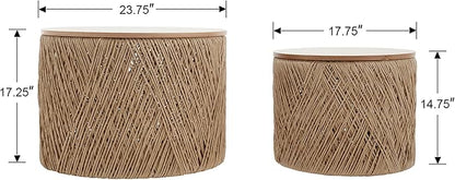 LZAREAL Farmhouse Round Coffee Table with Storage Boho Living Room Table with Lifting Top Hand-Woven Rattan Nesting Coffee Tables for Living Room, Natural