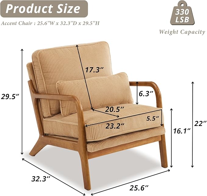Karl home Mid-Century Modern Accent Chair, Living Room Chairs with Pillow Upholstered Lounge Armchair with Solid Wood Frame & Soft Cushion for Bedroom, Reading Room, Corduroy Khaki (Low Back)