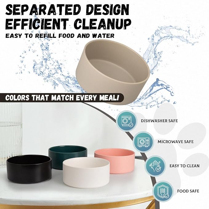 Raised Ceramic Dog Bowl Set with Stand, 2 Cups Elevated Dog Food Stand | 6.1'' Single Dog Food or Water Bowl Set, Non-Slip Dog Feeding Dishes for Small to Medium Breeds, 28.75 OZ, Grey