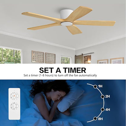 WINGBO 48" Flush Mount DC Ceiling Fans Without Lights, 5 Carved Solid Wood