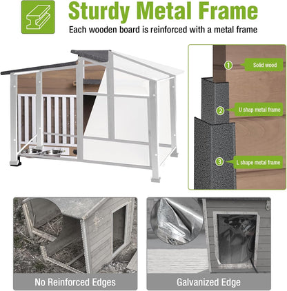 GUTINNEEN Dog House Outdoor Dog Kennel with Chew-Proof Metal Frame, Rotating Food Bowl, PVC Door Curtain, Weatherproof for Small Medium Dogs, 39.7" L x 25.5" D x 32.2" H (Light Brown)