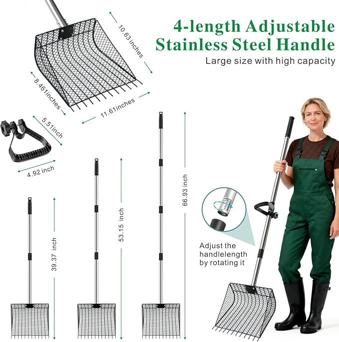 11.61" Chicken Poop Scooper & Rake 2-in-1+ 9.84" Pooper Scoopers, 25" to 67" Large Metal Litter Scoop with Adjustable Stainless Steel Handle for Farm Sifting Coops Cleaning Chicken Litter Pet Waste