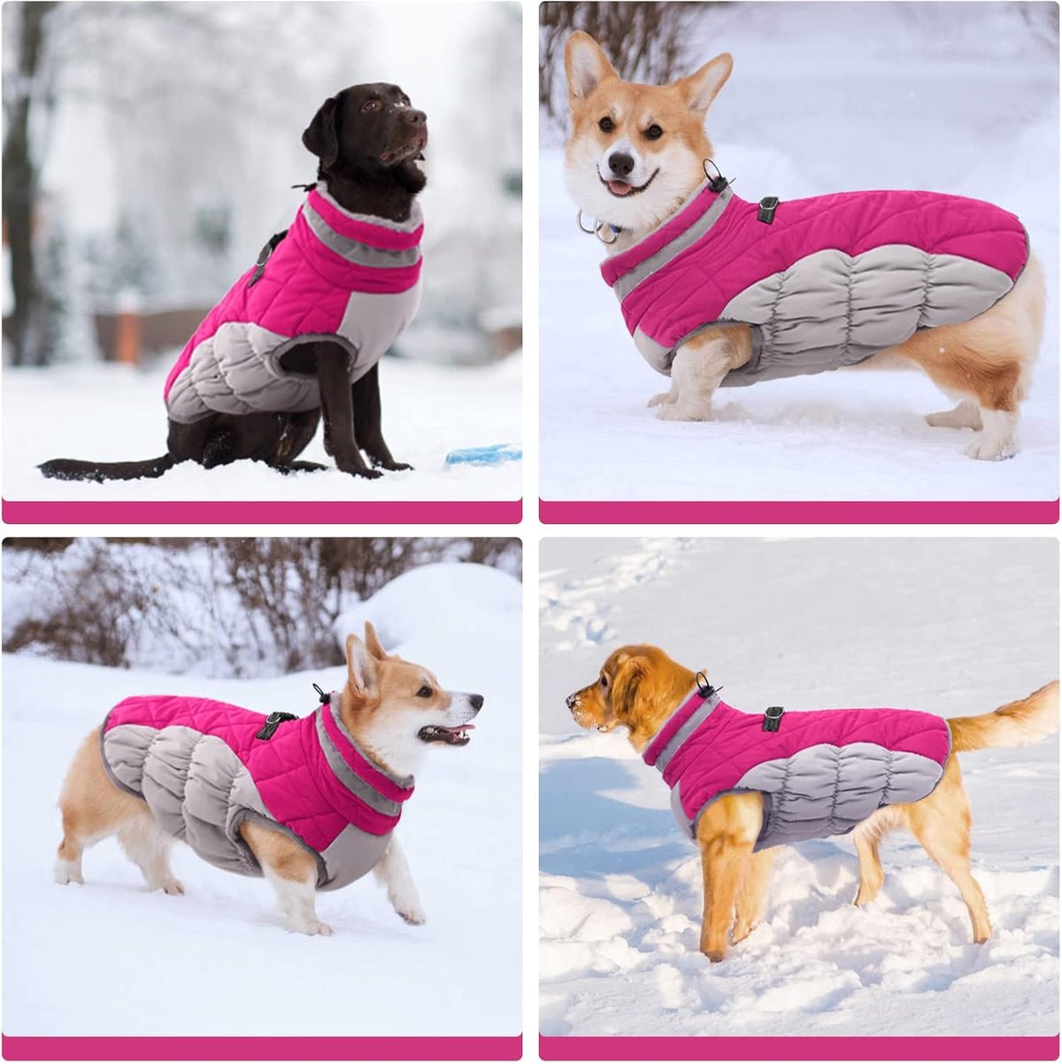 FUAMEY Dog Coat for Large Dogs,Waterproof Dog Winter Jacket with Harness Built in Puppy Cold Weather Coats Reflective Pet Vest with Zipper Warm Fleece Dogs Snowsuit Windproof Pink XXXL