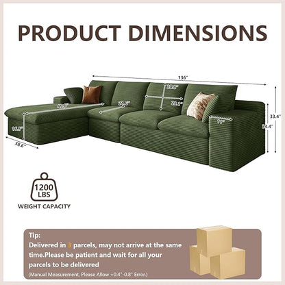 136 Inch Cloud Sectional Couch, Modern Modular Sectional Sofa with Deep Seat, Corduroy Boneless Couches with L-Shape Chaise for Living Room Bedroom, No Assembly Required (Green, Left Facing Chaise)