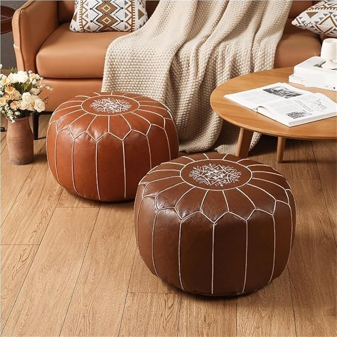 Vintage Leather Pouf Ottoman Round Meditation Cushion Floor Pouf Footrest Retro Fashion Style Floor Cushion for Living Room Heavy Duty(Brown)