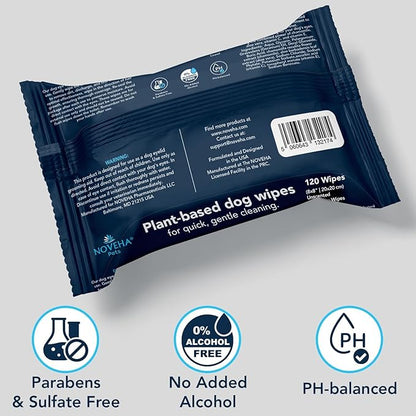 NOVEHA 360PCs Dog Wipes - Odor Eliminating and Cleaning Grooming Wipes for Dog's Paws, Body, and Butt - Perfect for Puppy and Adult Dogs - Plant-Based, Safe, Convenient & Large Unscented Wipes - 3pack