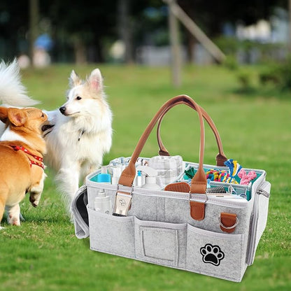 Felt Dog Grooming Bag,Portable Tote Bag for Dog and Cat,Puppy Storage Organizer for Grooming Tool Kit,3 Compartments Pet Stuff Oganizer with 8 Pockets