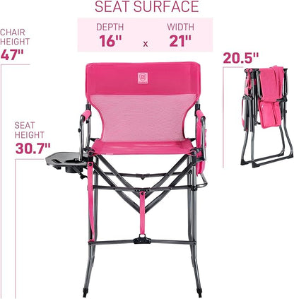 EVER ADVANCED Tall Textilene Camping Chair Mesh Directors Chair High Foldable Bar Stool with Side Table for Makeup Artist, Sports Event, Craft Show, Supports 350LBS Pink