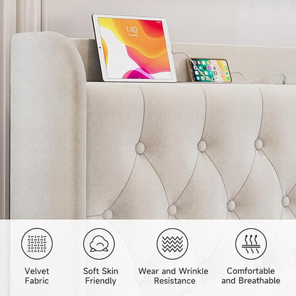 koorlian King Bed Frame, Velvet Adjustable Upholstered Platform Bed Frame with Type-C&USB Ports, Wingback Storage Headboard, Noiseless, Beige
