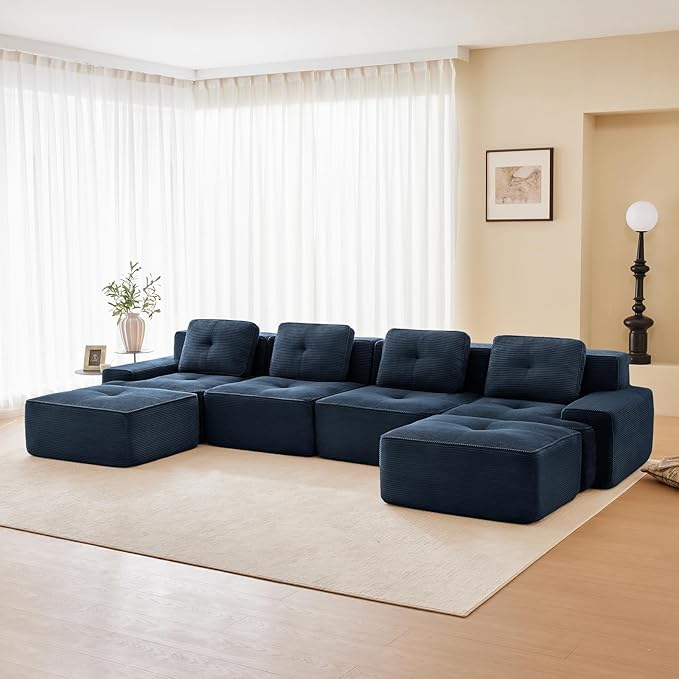 150" Modern Corduroy Cloud Sofa with Ottoman, U Shaped Boneless Modular Large Sectional Couches for Living Room, Blue 4 Seater Compressed Memory Foam Couch, Extra Deep Seat, No Assembly