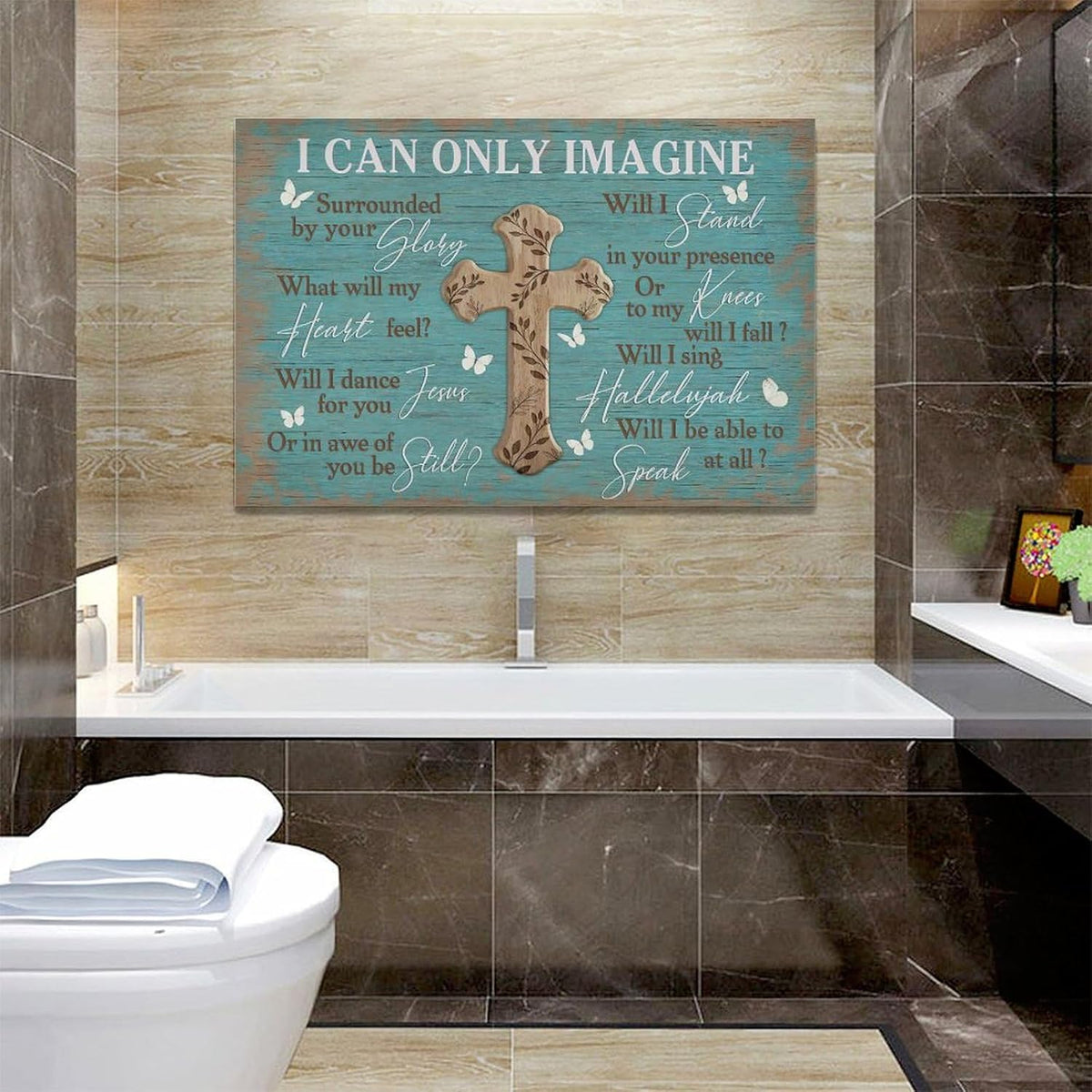 Rustic Christian Cross Wall Art I Can Only Imagine Pictures Farmhouse Butterfly Wall Decor Teal Motivational Canvas Print Painting Artwork for Bathroom Living Room Bedroom 16"x24"